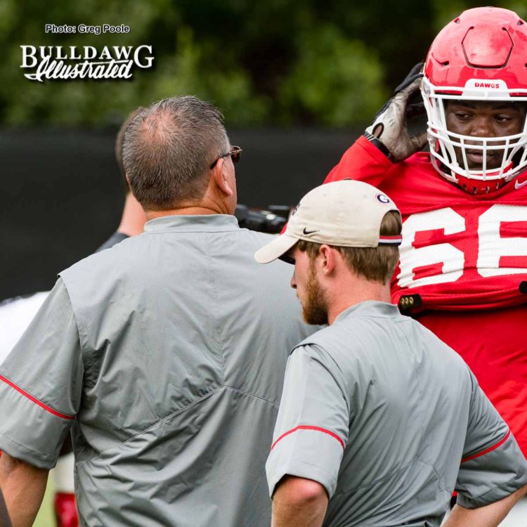 Coach Sam Pittman offering Solomon Kindley (66) some 'tough love' - UGA football practice, Monday, Aug. 28, 2017 -