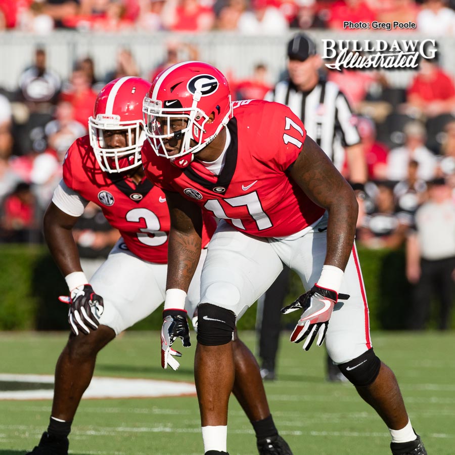 Roquan Smith (3) and Davin Bellamy (17) stand ready to defend the Bulldogs' home turf versus Appalachian State - Saturday, Sept. 2, 2017 -