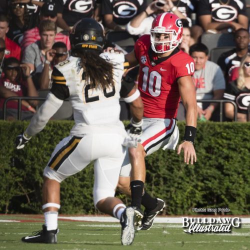 Jacob Eason (10) scrambles to his right and is injured just a few seconds later - 1st quarter - Appalachian State vs. Georgia - Saturday, Sept. 2, 2017