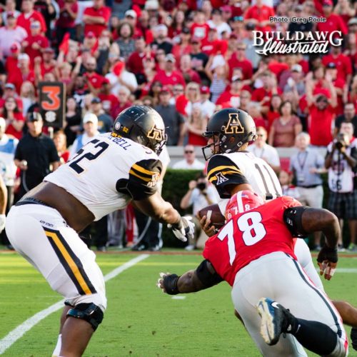 Mountaineer QB, Taylor Lamb (11), runs for his life from Bulldog DT Trenton Thompson (78) - Appalachian State vs. UGA - Saturday, Sept. 2, 2017