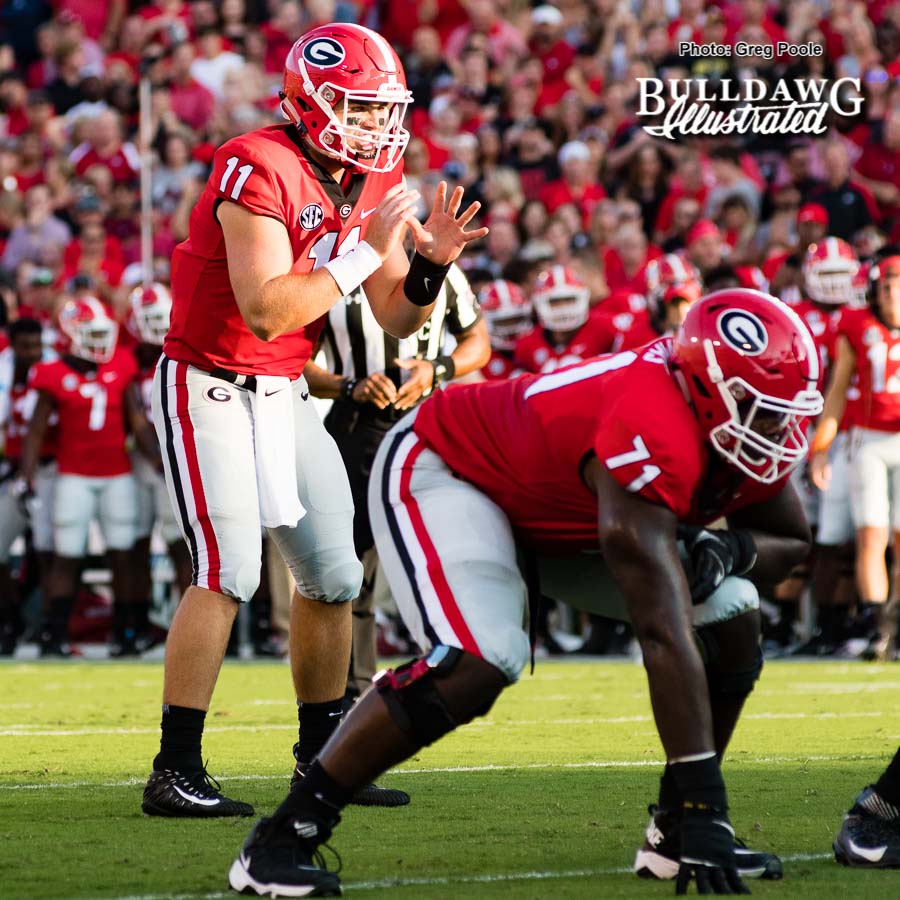 Jake Fromm (11) awaits the snap from center Lamont Gaillard (not shown), freshman RT Andrew Thomas (71) ready to keep his QB "upright and clean" - Appalachian State vs. UGA - Saturday, Sept. 2, 2017