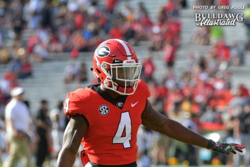 Mecole Hardman, Jr. (4) warms up with the Bulldogs as they get ready to face Appalachian State - Saturday, Sept. 2, 2017 -
