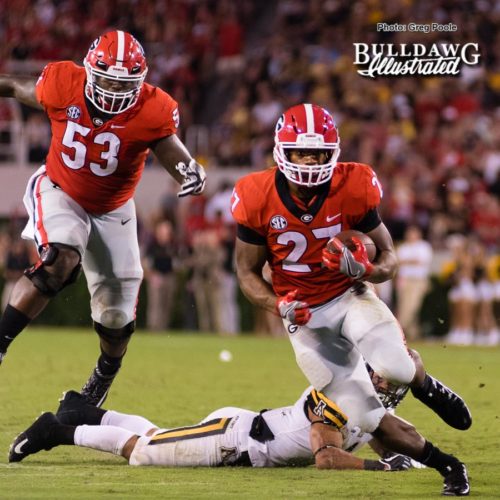 Nick Chubb (27) leaves a Mountaineer in his dust - Appalachian State vs. UGA - Saturday, Sept. 2, 2017