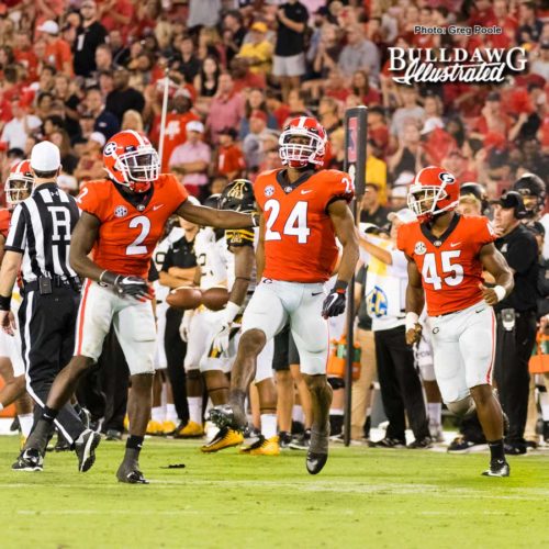 Georgia safeties Richard LeCounte III (2) and Dominick Sanders (24) along with ILB Reggie Carter (45) - Appalachian State vs. UGA - Saturday, Sept. 2, 2017