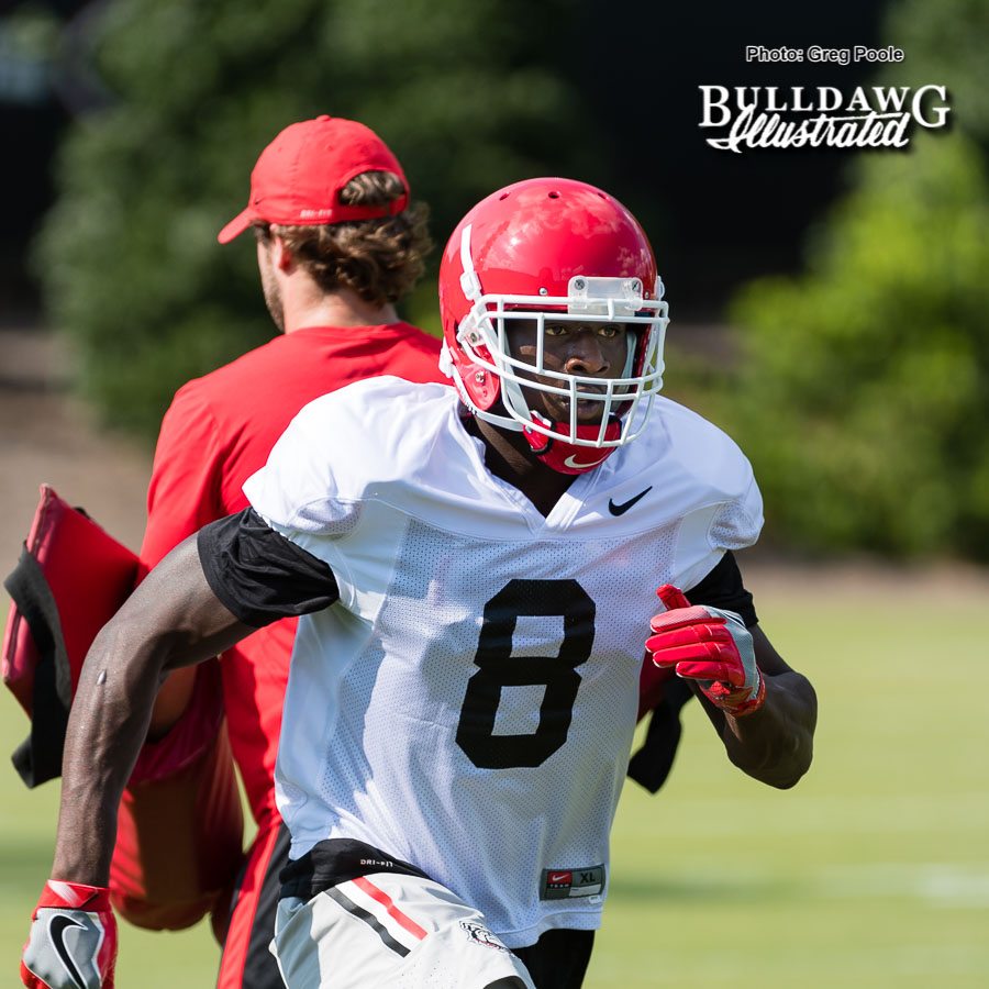 Riley Ridley (8) - Note, the UGA offense wore white in Monday's practice for Notre Dame - Sept. 4, 2017
