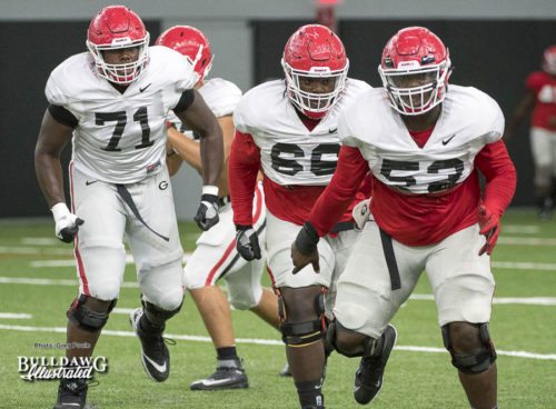 Offensive linemen Andrew Thomas (71), Solomon Kindley (66), and Lamont Gaillard (53) - UGA football practice - Wednesday, Sept. 6, 2017