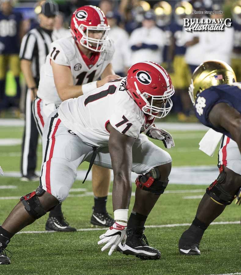 Freshman starting right tackle Andrew Thomas (71) - UGA 20 - Notre Dame 19 - Saturday, September 9, 2017