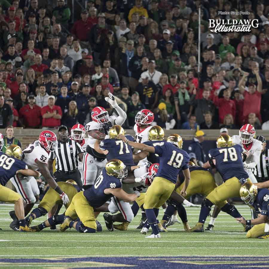 Everything was a battle in the trenches on Saturday night, even the field goal attempts and PATs - UGA 20 - Notre Dame 19 - Saturday, September 9, 2017