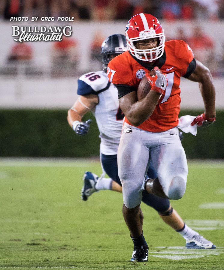 Georgia running back Nick Chubb rumbles down the field during the first half of the UGA-Samford game on Saturday, Sept. 16, 2017