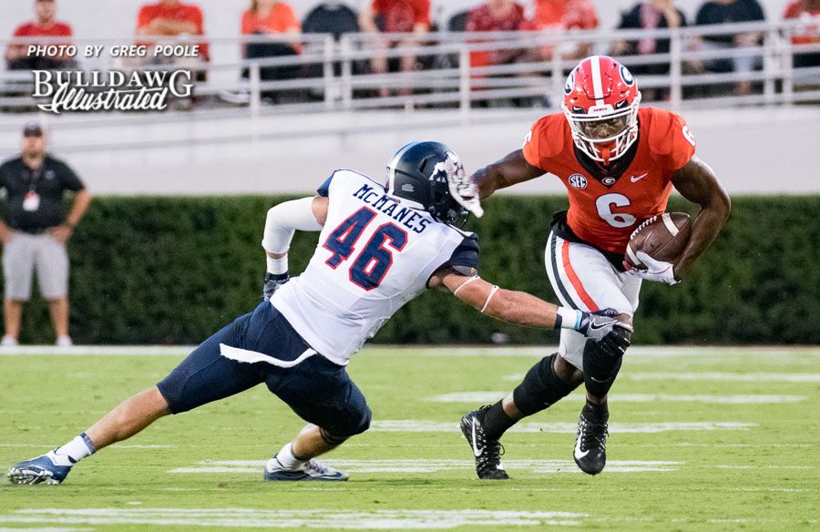 Javon Wims (6) with the stiff arm after the catch - UGA vs. Samford - Athens, GA, Saturday, Sept. 16, 2017