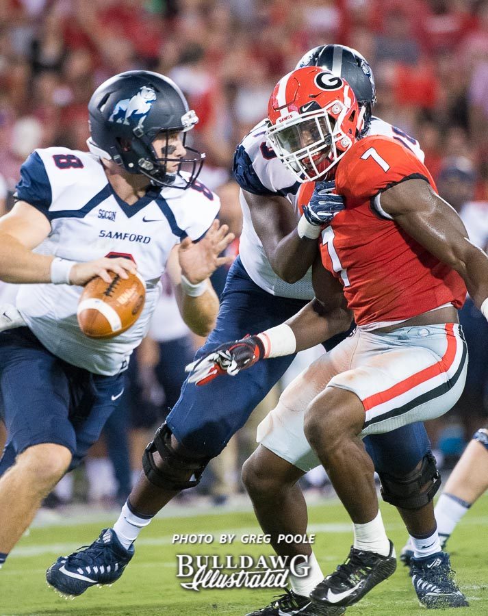 The only way to slow down UGA's Lorenzo Carter (7) is for a lineman to get creative (hold) - UGA vs. Samford - Athens, GA, Saturday, Sept. 16, 2017
