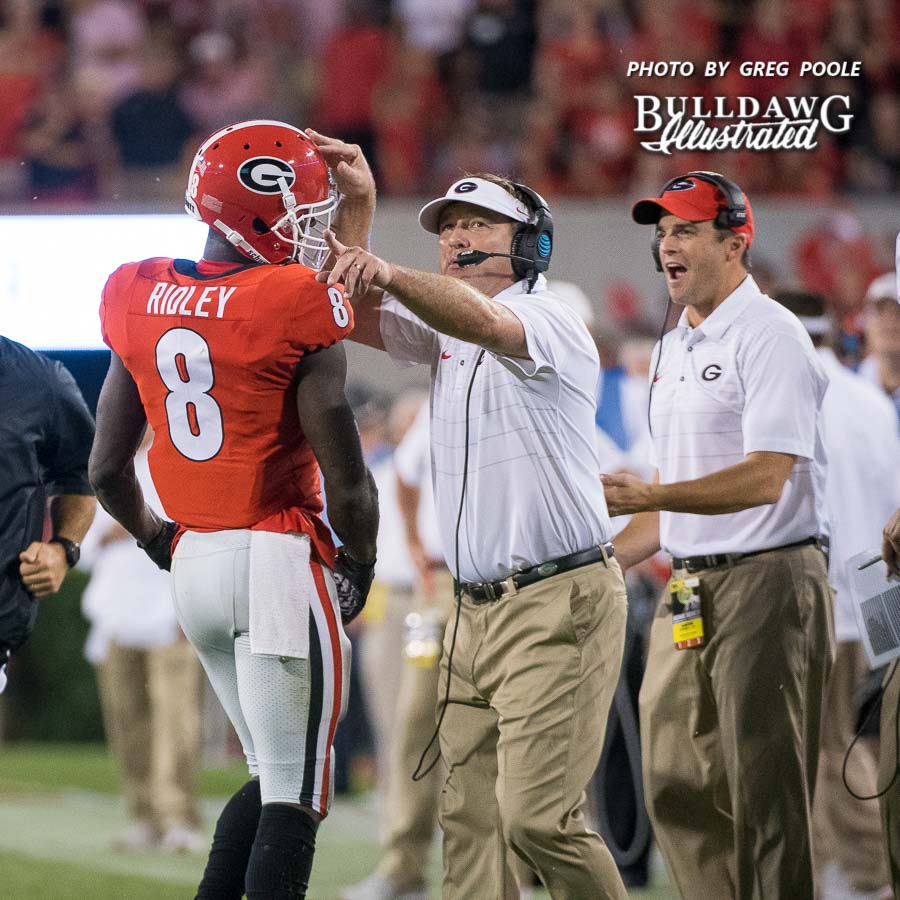 Kirby Smart coaches up sophomore WR Riley Ridley (8) during UGA's game versus Samford - Athens, GA, Saturday, Sept. 16, 2017 -
