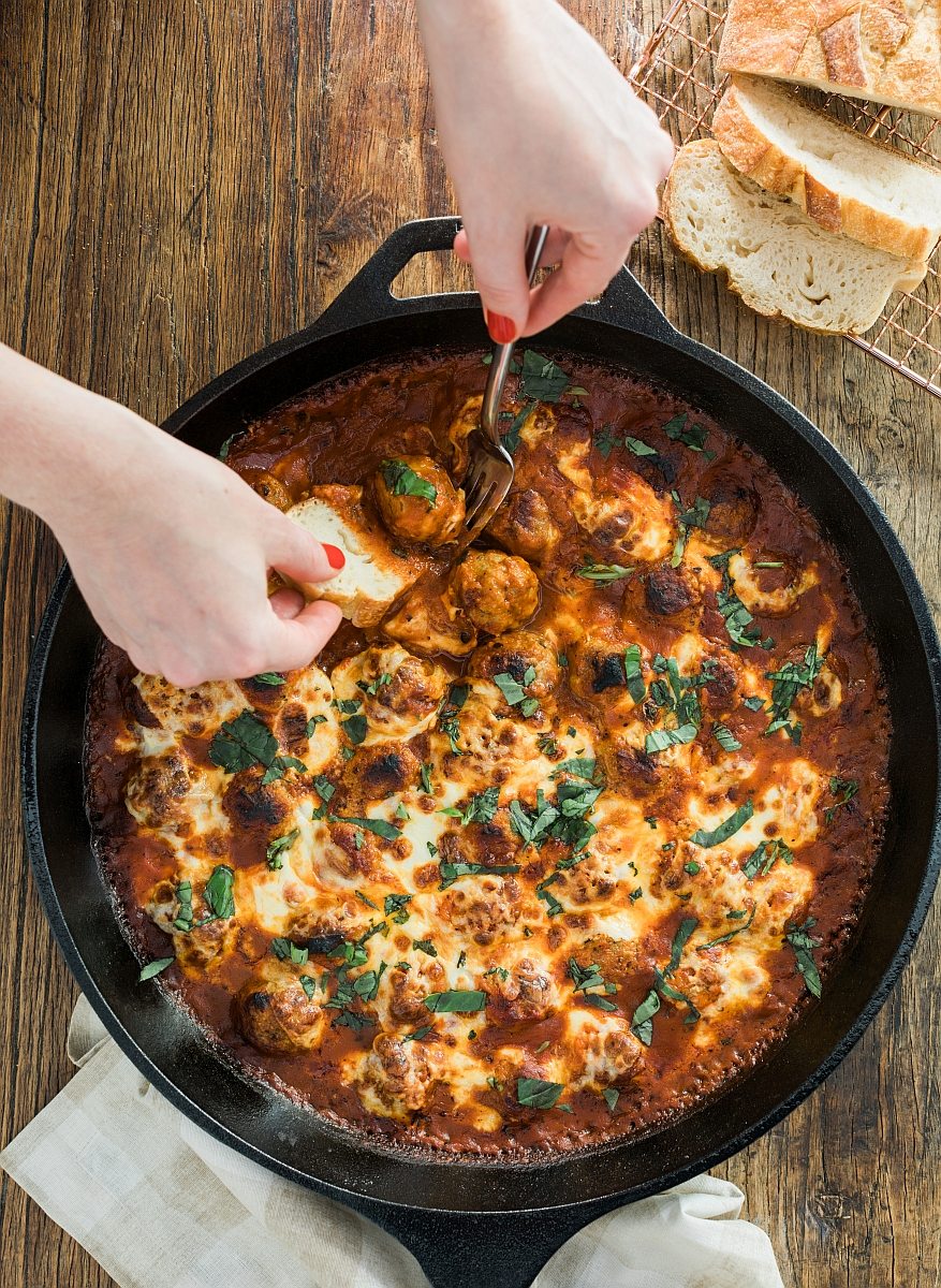 One Pan Turkey Meatball Bake with Rustic Dipping Bread (Photo by Rustic White Photography)