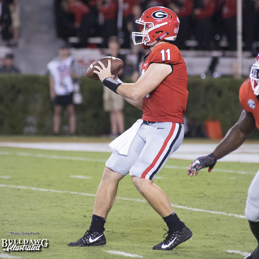 Jake Fromm (11) receives the snap and drops back to pass - UGA vs. Mississippi State - Saturday, Sept. 23, 2017