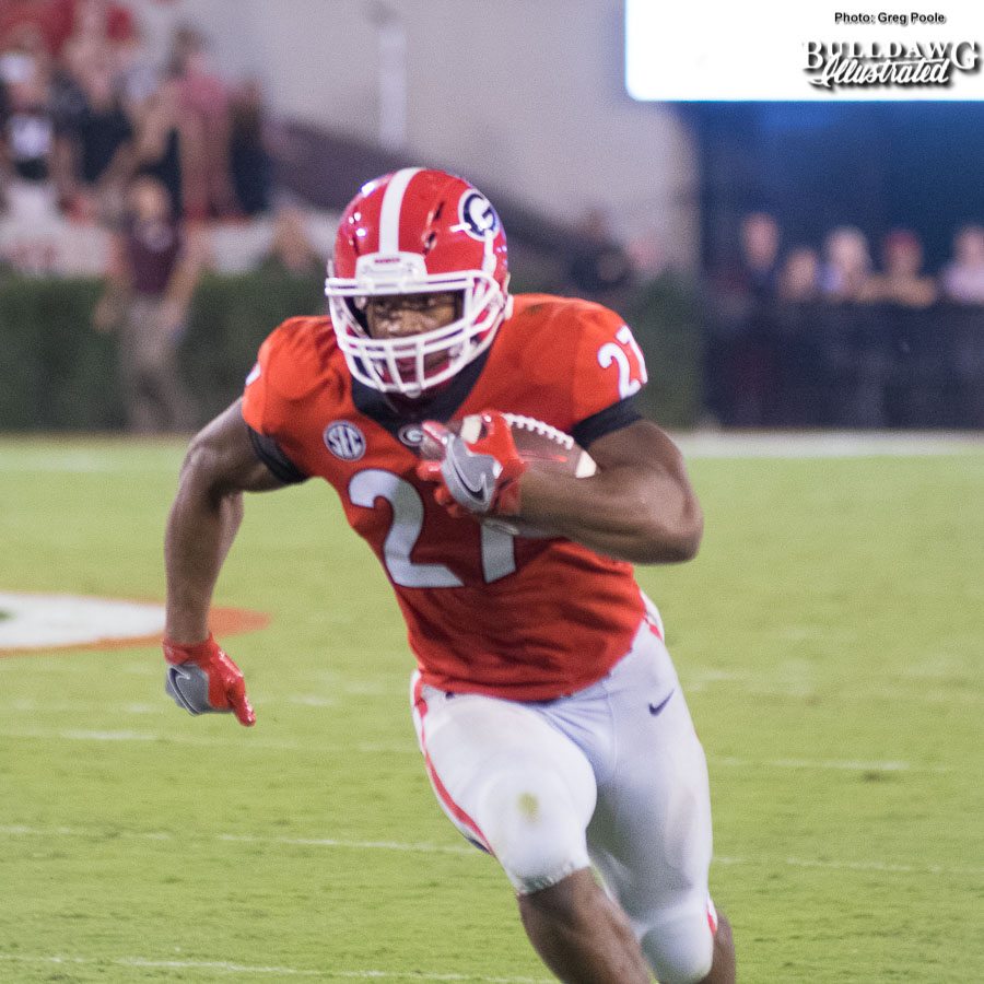 Nick Chubb (27) rushes 28 yards to the endzone out of the "Wild Dawg" in the third quarter of the UGA-Mississippi State game. - Saturday, Sept. 23, 2017 -