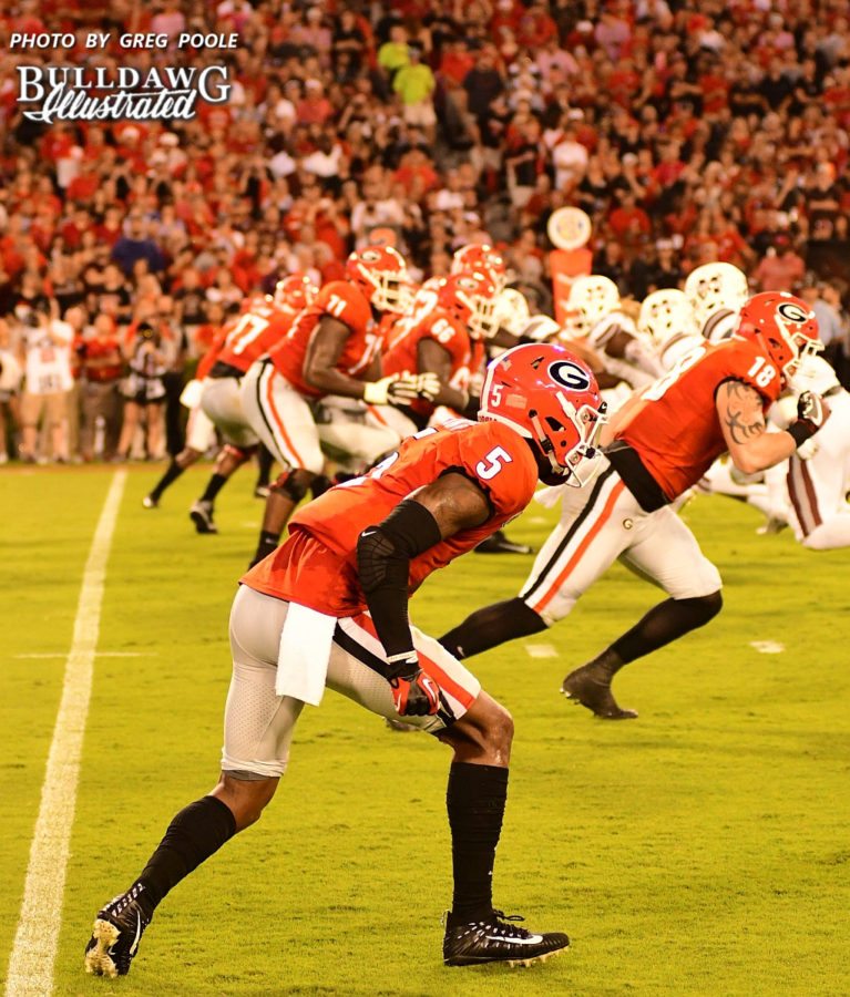 Georgia's Terry Godwin (5) and Isaac Nauta (18) lined up on the right side of the formation for the Bulldogs - UGA vs. Mississippi State - Saturday, September 23, 2017