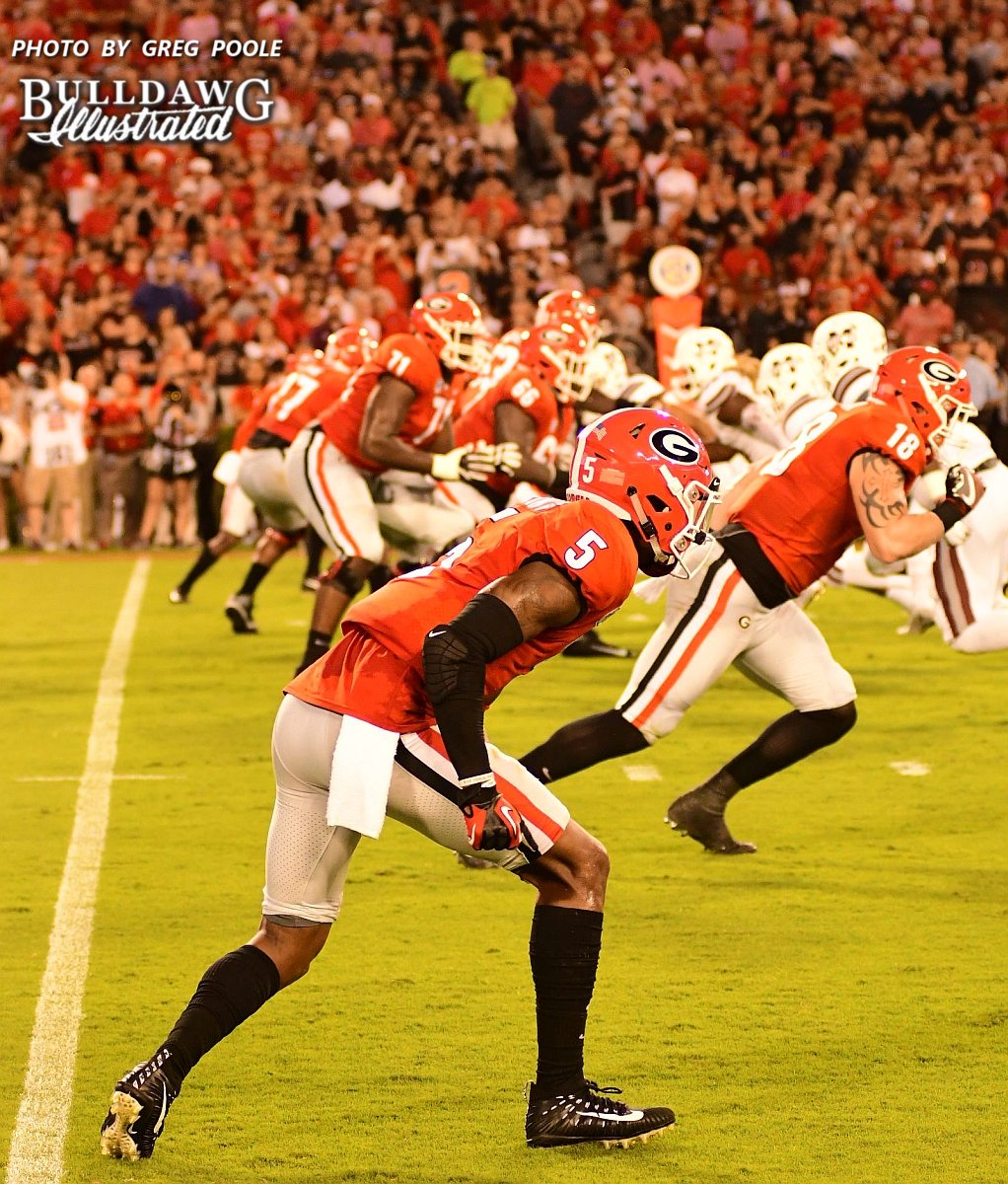 Georgia's Terry Godwin (5) and Isaac Nauta (18) lined up on the right side of the formation for the Bulldogs  - UGA vs. Mississippi State -  Saturday, September 23, 2017