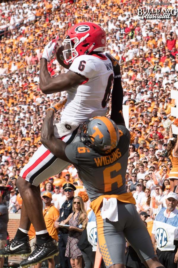 Javon Wims (6) hauls in the catch against former Bulldog Shaq Wiggins (6) - UGA vs. Tennessee - Saturday, Sept. 30, 2017