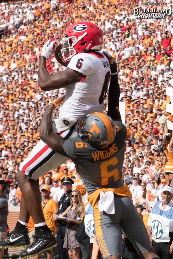 Javon Wims (6) hauls in the catch against former Bulldog Shaq Wiggens (6) - UGA vs. Tennessee - Saturday, Sept. 30, 2017