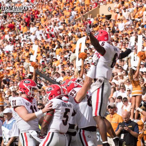 The Georgia offense celebrates Jake Fromm's (11) touchdown pass to Javon Wims (6) to put the Bulldogs up 10-0 in the 1st quarter. Jeb Blazevich (83) and Terry Godwin (5) - UGA vs. Tennessee - Saturday, Sept. 30, 2017