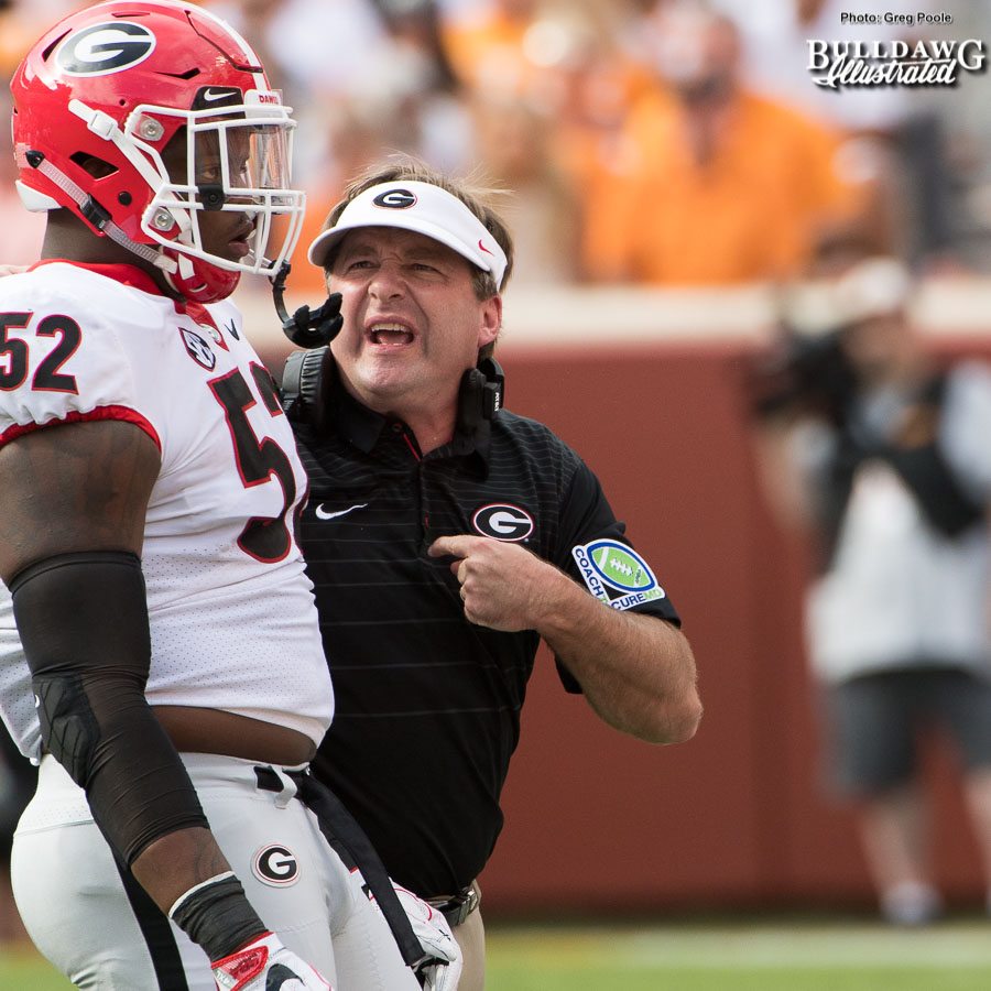 Tyler Clark (52) gets some tough love from Head Coach Kirby smart after he commits an unsportsman conduct penalty - 2nd quarter, UGA vs. Tennessee - Saturday, Sept. 30, 2017