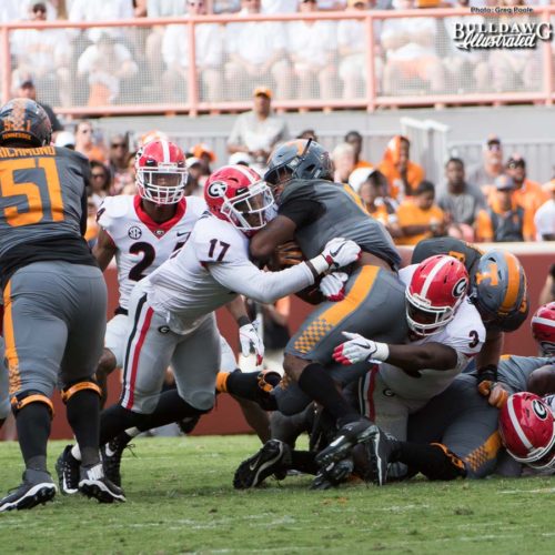 Davin Bellamy (17) and Roquan Smith (3) give no quarter to Vol RB John Kelly (4) - 1st quarter, UGA vs. Tennessee - Saturday, Sept. 30, 2017