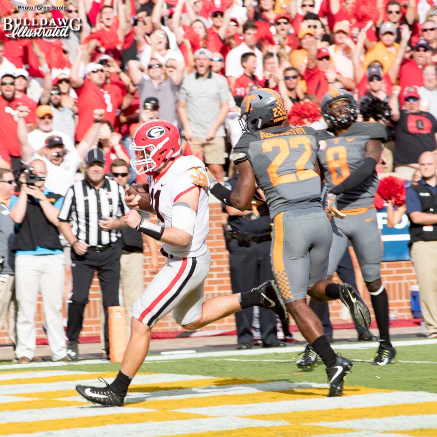 One of the two rushing touchdowns on the afternoon for Jake Fromm (11) - 2nd quarter, UGA vs. Tennessee - Saturday, Sept. 30, 2017