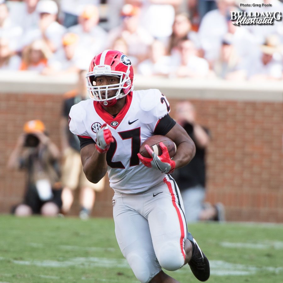 One of Nick Chubb's 16 carries on the night. - 2nd quarter, UGA vs. Tennessee - Saturday, Sept. 30, 2017