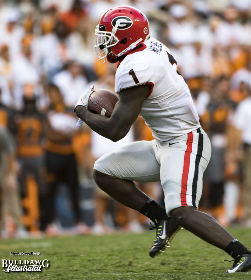 Sony Michel (1) running hard and fast towards end zone - 3rd quarter, UGA vs. Tennessee - Saturday, Sept. 30, 2017