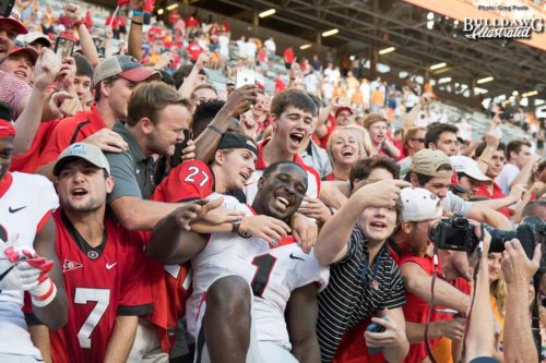 Senior Georgia tailback Sony Michel (1) celebrates with Bulldog fans after UGA's 41-0 winover Tennessee. - Neyland Stadium, Knoxville, TN - Saturday, Sept. 30, 2017