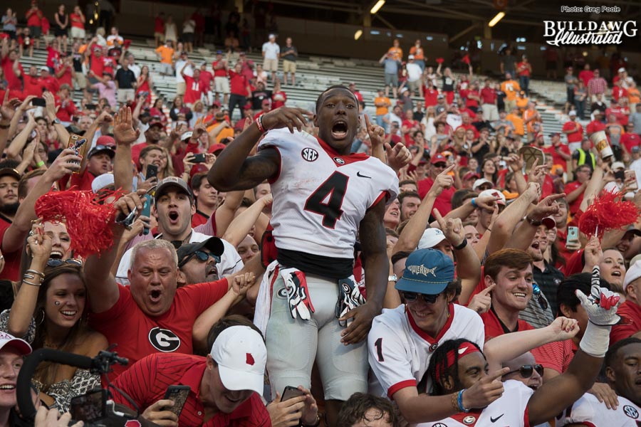 Mecole Hardman (4) leads fans in celebration after a glorious 41-0 win over rival Tennessee - Saturday, Sept. 30, 2017 -