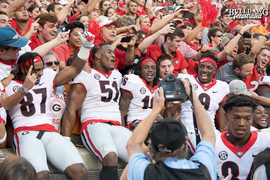 David Marshall (51), Ahkil Crumpton (16), Jeremiah Holloman (9) and teammates are all Dawg smiles after a 41-0 thrashing of Tennessee - Saturday, Sept. 30, 2017 -