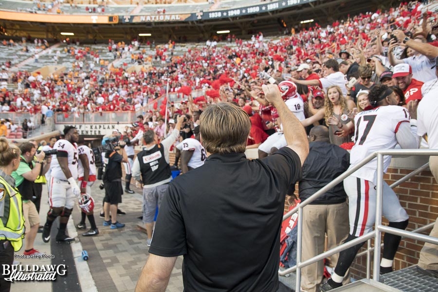 Georgia Head Coach Kirby Smart with the fist pump and a "Go Dawgs!" after the Bulldogs defeat the Volunteers with prejudice 41-0 - UGA vs. Tennessee - Saturday, Sept. 30, 2017