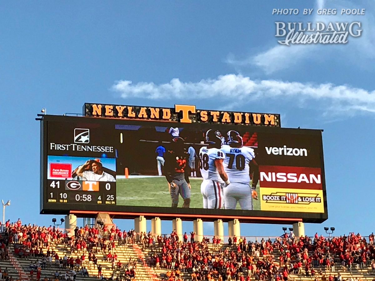 Neyland Stadium scoreboard UGA 41 Tennessee 0 with less than a minute to go in the game