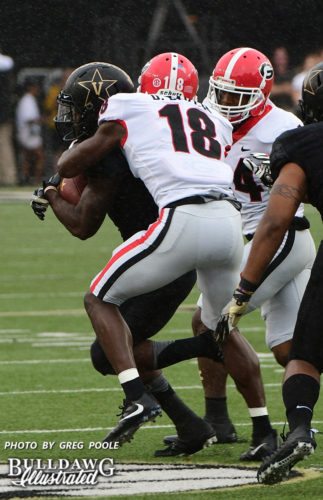 Dandre Baker (18) tackles the Vandy ball carrier - First half of UGA vs. Vanderbilt - Saturday, October 7, 2017