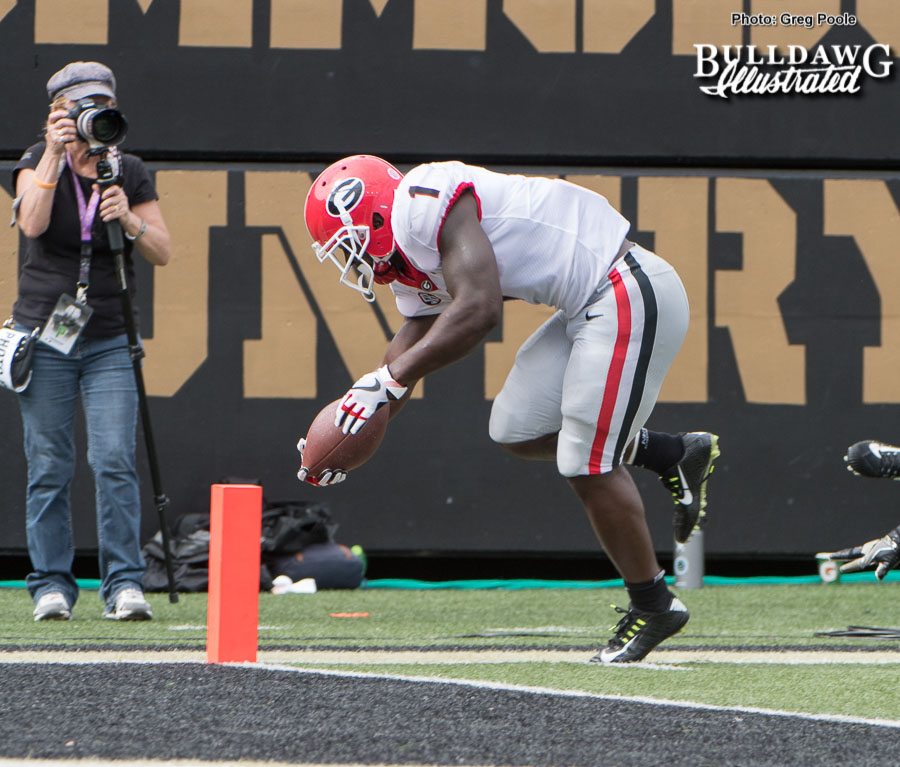 Sony Michel dives for the goal line and the touchdown at the end of a 50-yard run. -  UGA vs. Vanderbilt -  Saturday, October 7, 2017