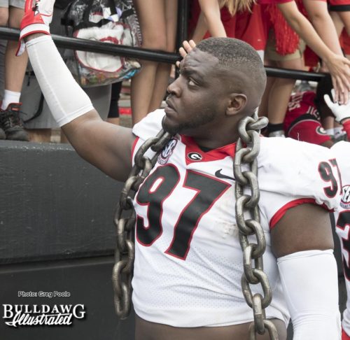 John Atkins wearing 'The Chain' and thanking fans after Georgia defeats Vanderbilt 45-14 in Nashville on Saturday afternoon, October 7, 2017.