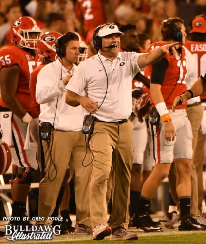 Kirby Smart coaching his Bulldogs during Georgia's homecoming gave versus Missouri on Saturday, Oct. 14, 2017.