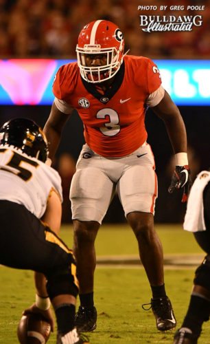 Junior inside linebacker Roquan Smith (3) was Georgia's leading tackler in the Bulldogs' 53-28 win over Missouri on Saturday night, Oct. 14, 2017.