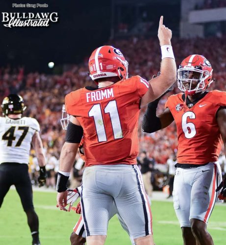 Jake Fromm (11) and Javon Wims (6) celebrate another Bulldog touchdown drive - Georgia vs. Missouri - Saturday, Oct. 14, 2017