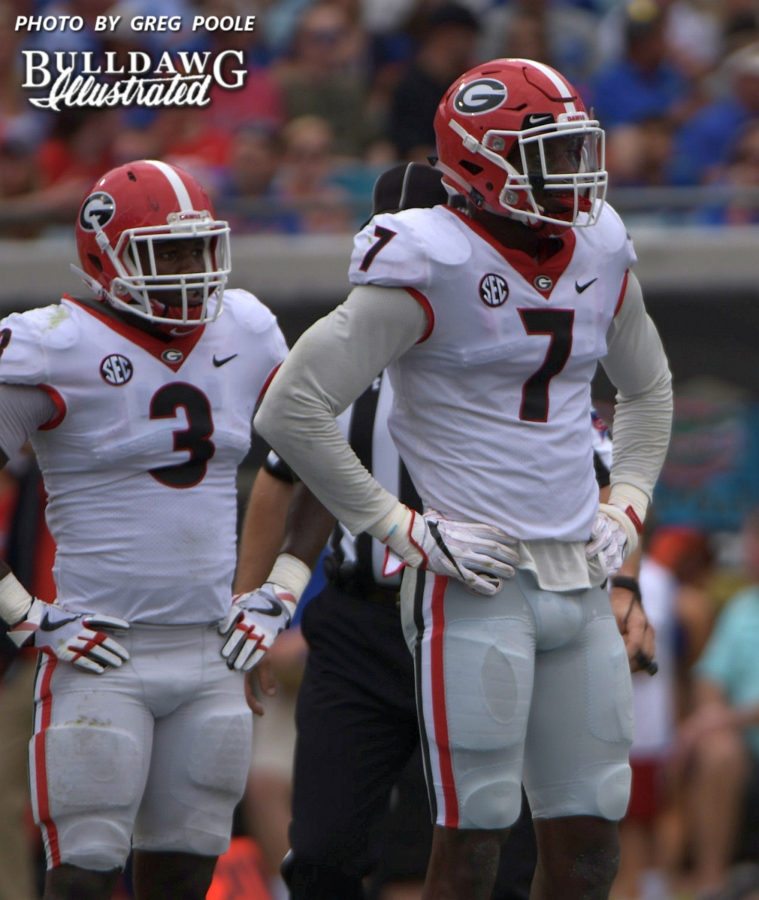 Georgia linebackers Lorenzo Carter (7) and Roquan Smith (3) - Georgia-Florida, Saturday, Oct. 28, 2017 -
