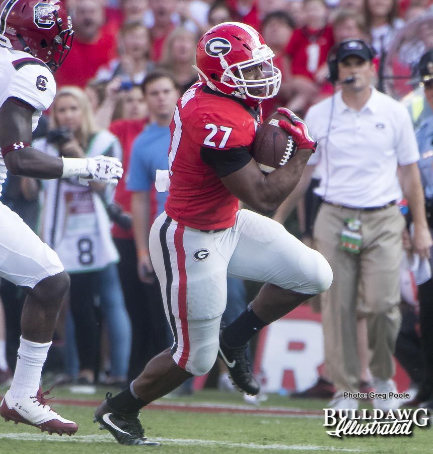 Nick Chubb (27) ran for 105 yards on 22 carries versus South Carolina in Georgia's 24-10 win on Saturday.
