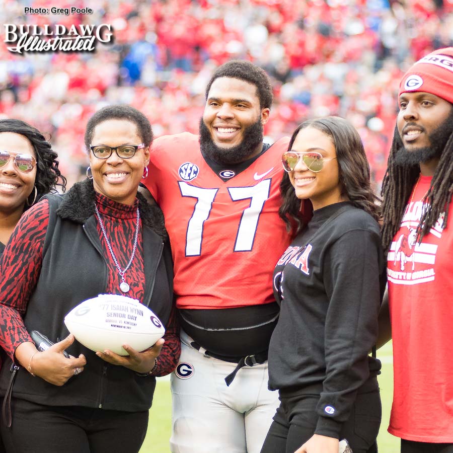 Offensive lineman Isaiah Wynn with his family being honored on Senior Day at Georgia vs. Kentucky on Saturday, Nov. 18, 2017.