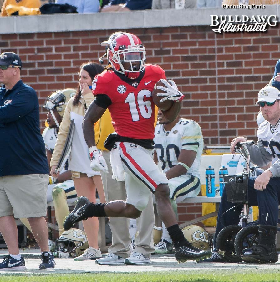 Bulldog wideout Ahkil Crumpton (16) takes a Jake Fromm pass 78-yards to the house, putting Georgia up 38-7 (after the PAT) over the Yellow Jackets in the fourth-quarter. - UGA vs. GT - Saturday, Nov. 25, 2017 -