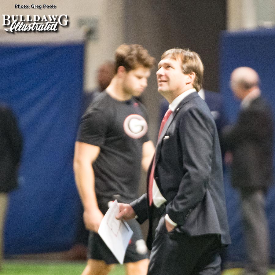 Georgia head coach Kirby Smart participates in a walk through with the team in the Mercedes-Benz Stadium on Friday, Dec. 1, 2017, the day before the Bulldogs SEC Championship game versus Auburn.