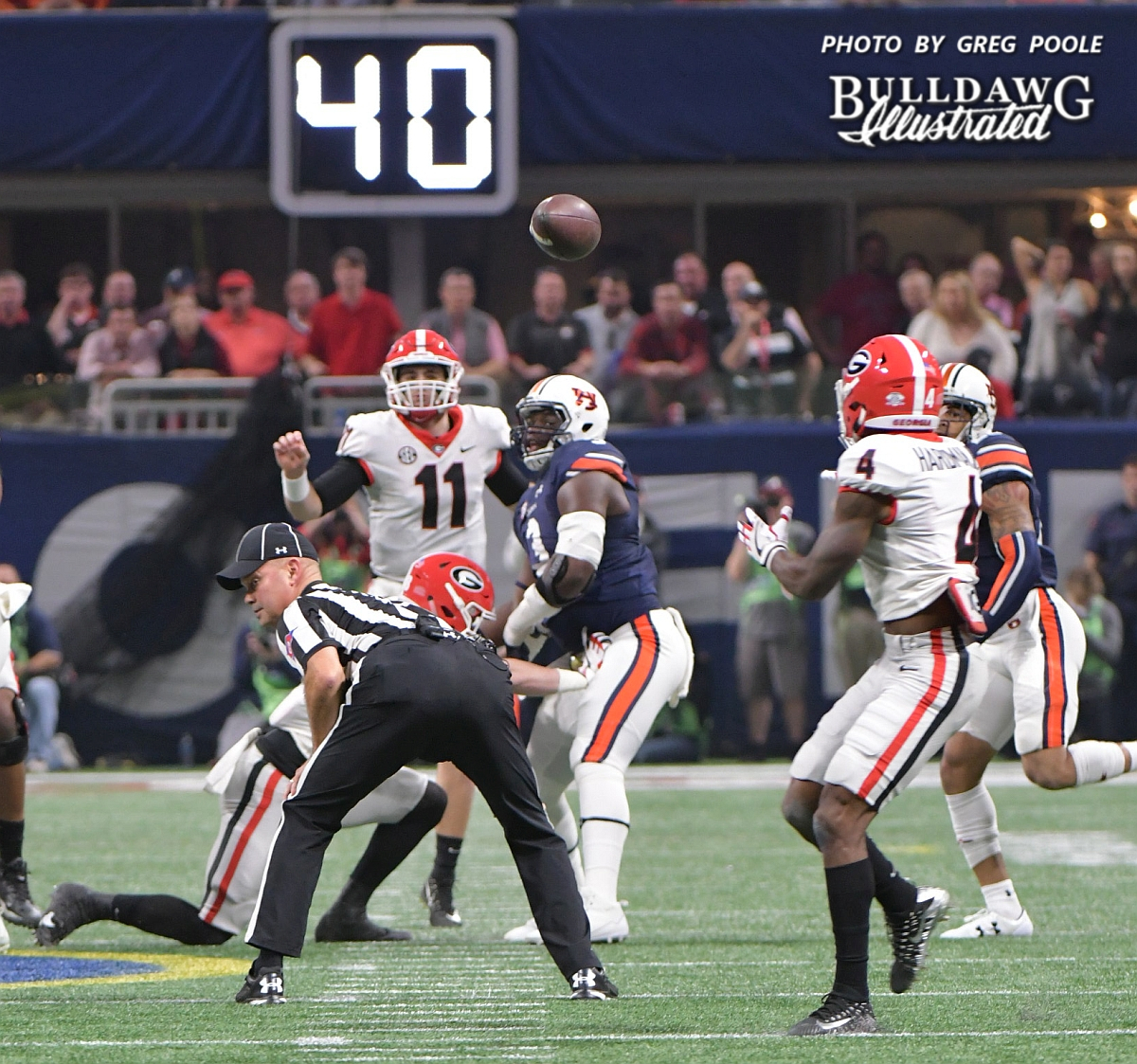 Jake Fromm (11) fires a strike to Mecole Hardman (4) - 2017 SEC Championship, Saturday, Dec. 2, 2017 -