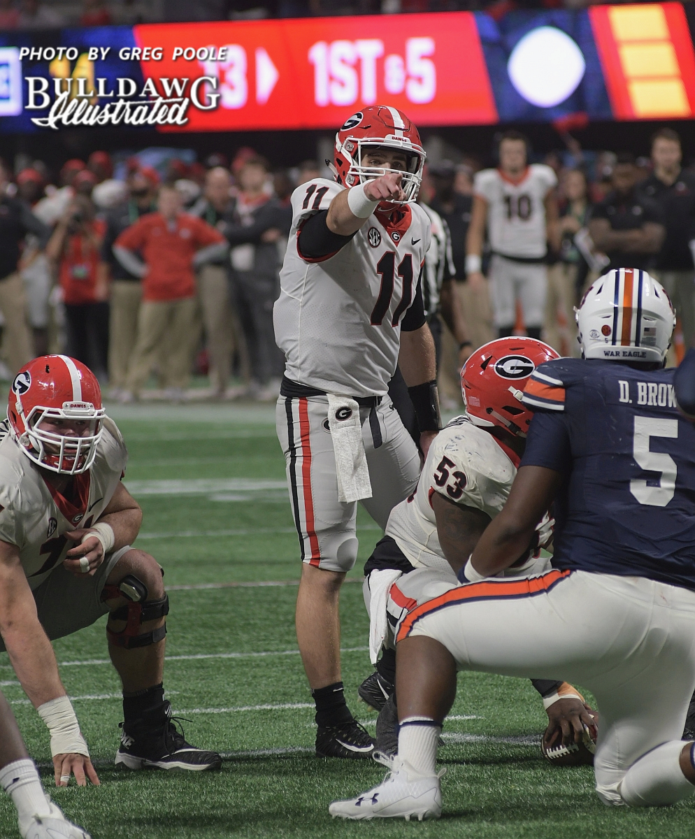 Jake Fromm (11) barks out orders and makes checks at the line of scrimmage. - 2017 SEC Championship, Saturday, Dec. 2, 2017 -