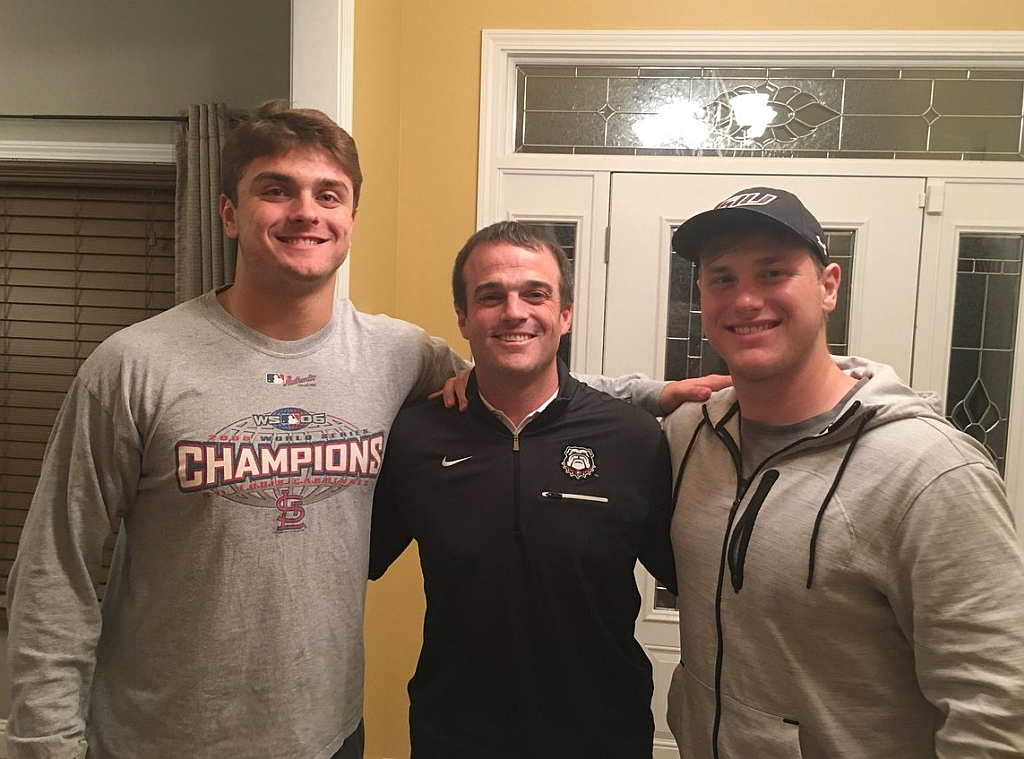 Class of 2018 TE prospect Luke Ford (left) and Shane Beamer (middle), UGA's tight ends coach/special teams coordinator (photo from Luke Ford / Twitter)