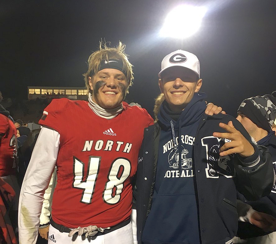 Norcross class of 2018 kicker/punter Jake Camarda (right) was at North Gwinnett's Class 7A State Football Championship on Friday to support fellow UGA commit, 2018 long snapper Payne Walker (48). (Photo from Jake Camarda / Twitter)
