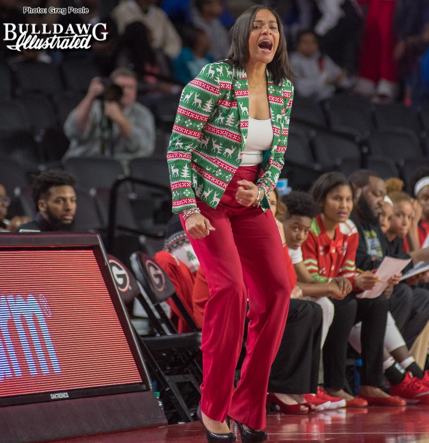 UGA women's basketball head coach Joni Taylor is decked out in holiday fare and encouraging her Lady Bulldogs as they take on Wright State on Thursday afternoon.